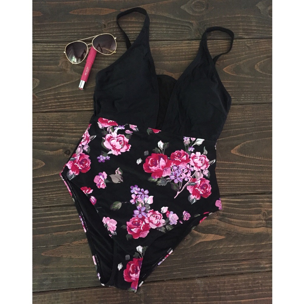 NWT Cupshe Black Mesh Floral One Piece Swimsuit